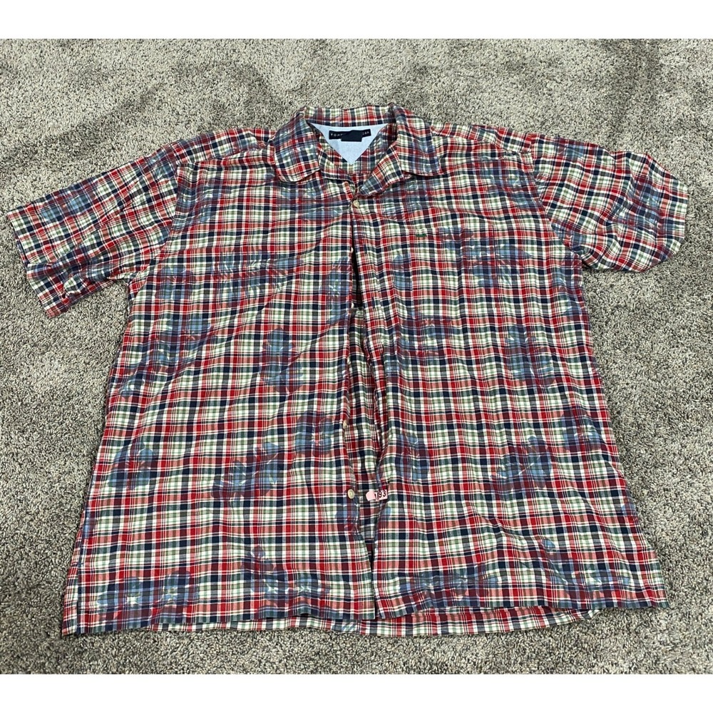 Tommy Hilfiger Button Down Shirt Plaid Floral Short Sleeve Red XXL Excellent